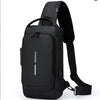 Black anti-theft crossbody chest bag with a strap and a combination lock visible.