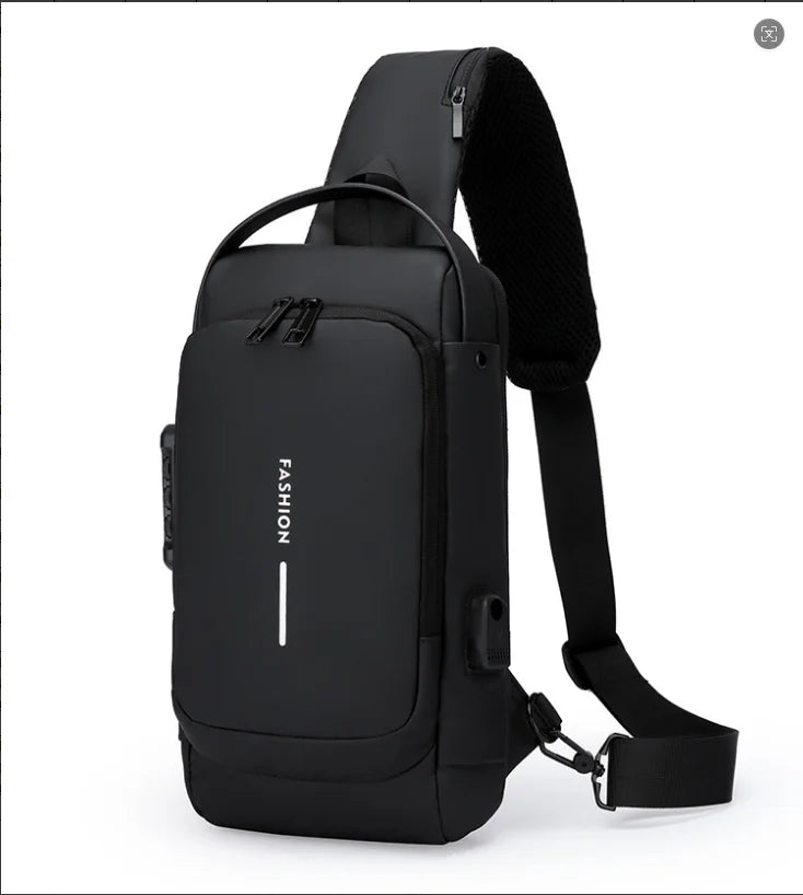 Black anti-theft crossbody chest bag with a strap and a combination lock visible.