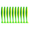 A row of bright lime green adjustable soft lure fishing tackle.