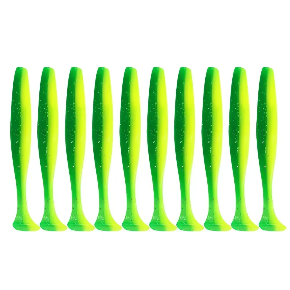 A row of bright lime green adjustable soft lure fishing tackle.