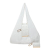 A white cloth storage pouch with a drawstring closure and a gold-toned keychain attached.