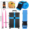 Adjustable luggage strap shown with various components including a strap, a box, and a blue and black strap.