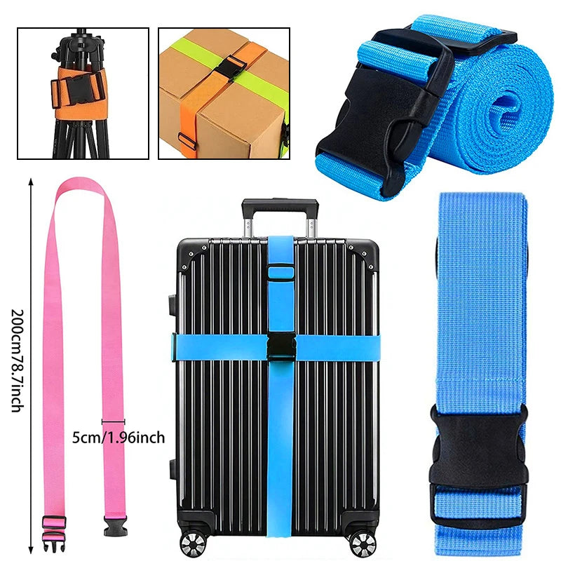 Adjustable luggage strap shown with various components including a strap, a box, and a blue and black strap.
