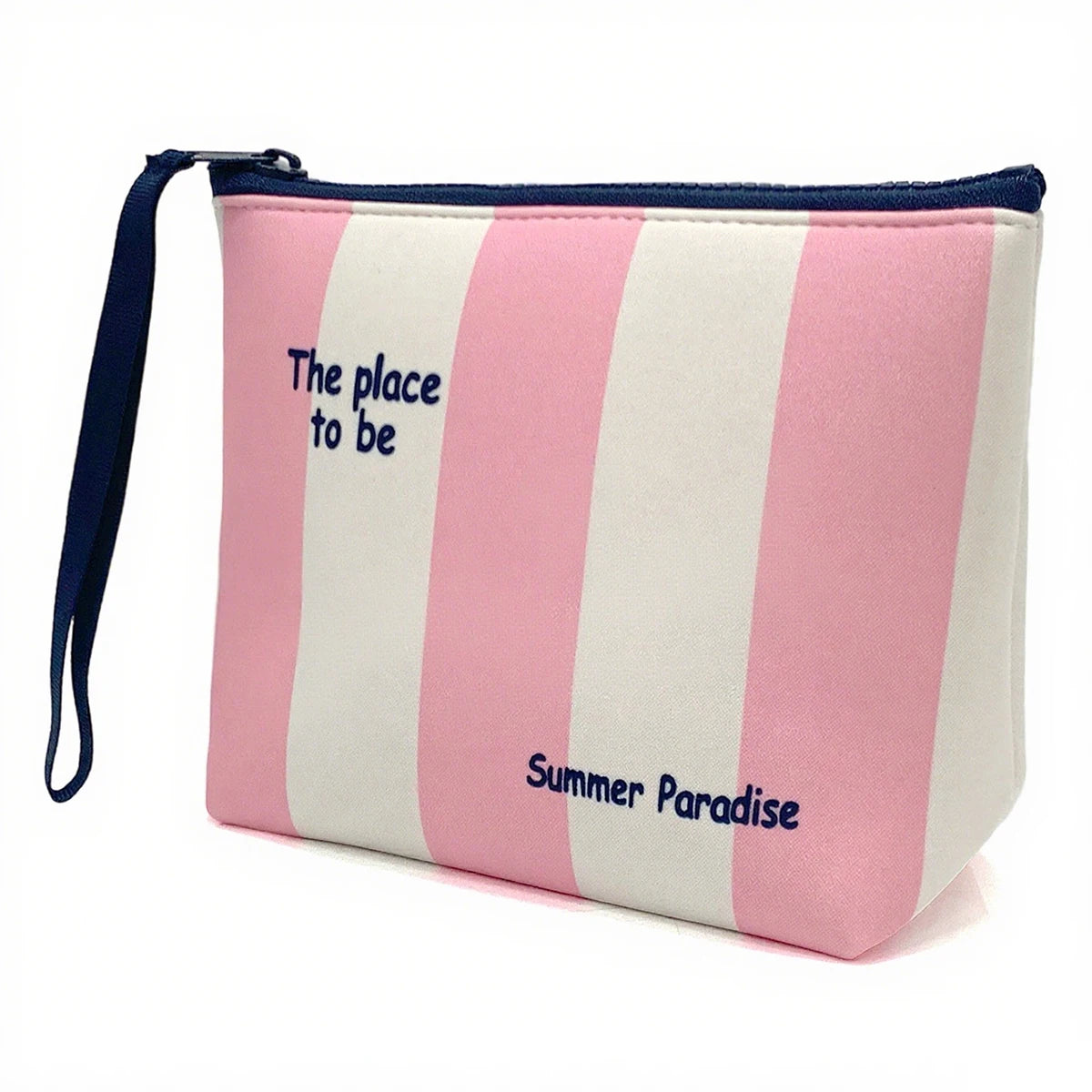 Bolsa cosmética de rayas rosa y blanca con correa azul marino etiquetada 'The place to be' y Summer Paradise