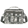 A gray and white camouflage tactical fanny pack with multiple compartments and adjustable straps.