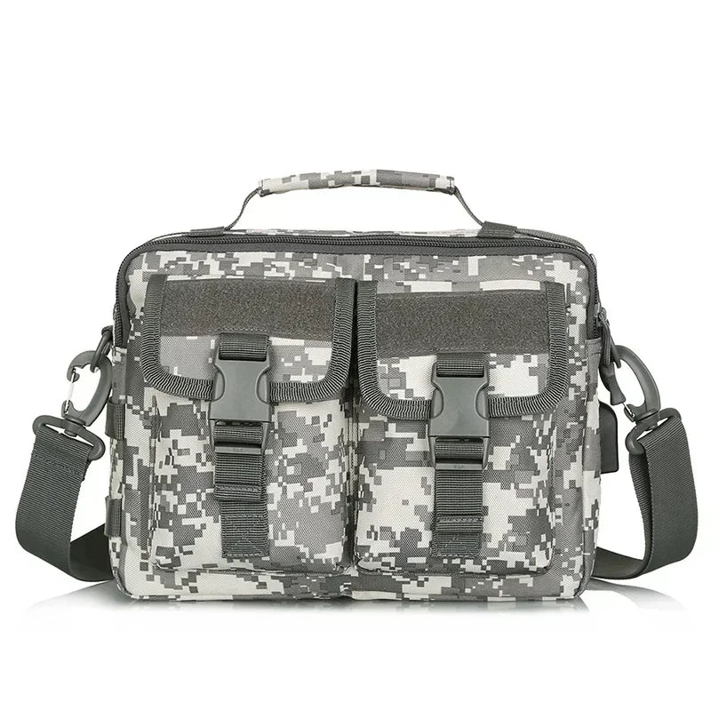 A gray and white camouflage tactical fanny pack with multiple compartments and adjustable straps.