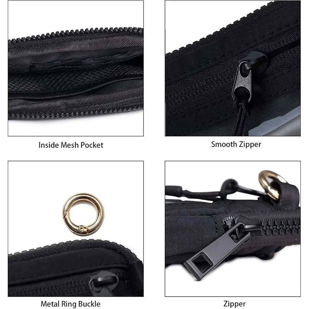 Close-up views of a black multi-functional zipper coin purse wallet showing mesh pocket, smooth zipper, metal ring buckle, an