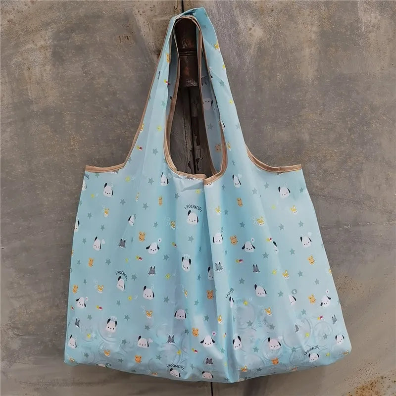 Light blue reusable shopping bag with a sheer fabric and small white animal patterns