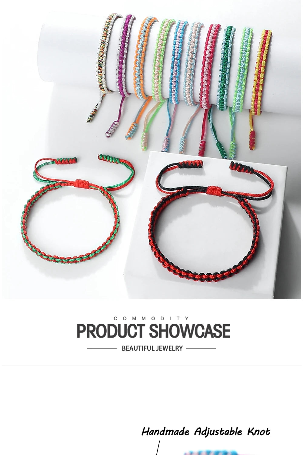 A showcase of handmade braided rope bracelets in various colors and shades displayed on a white background.