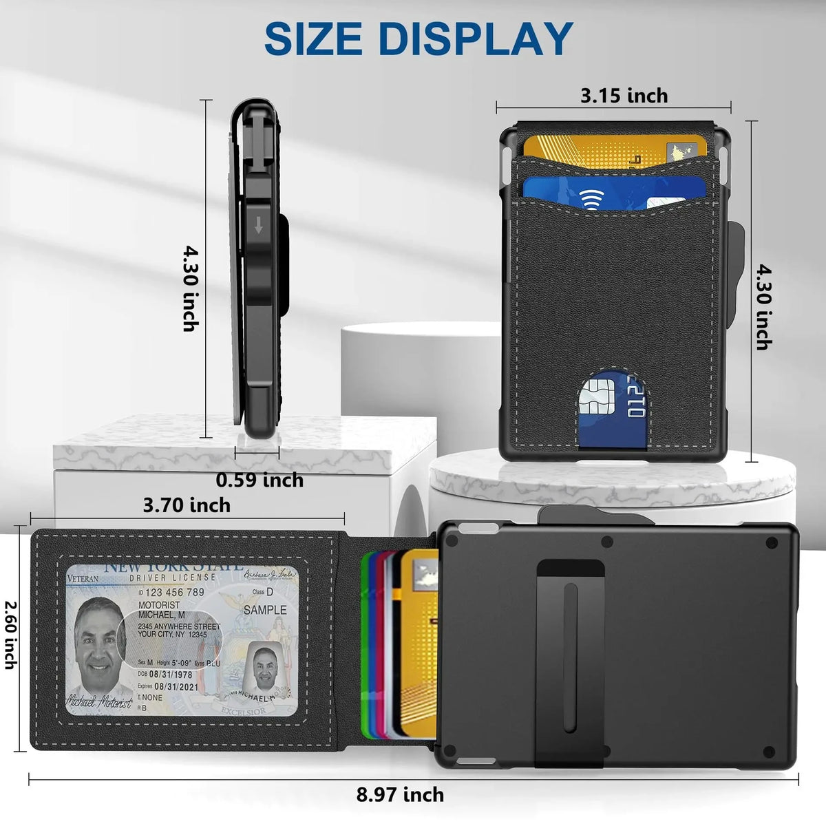 Portefeuille bi-pliable en fibre de carbone noire avec blocage RFID, avec différentes options de taille et emplacement pour p