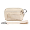 A beige multi-functional zipper wallet with a clear window and a leather keychain strap.
