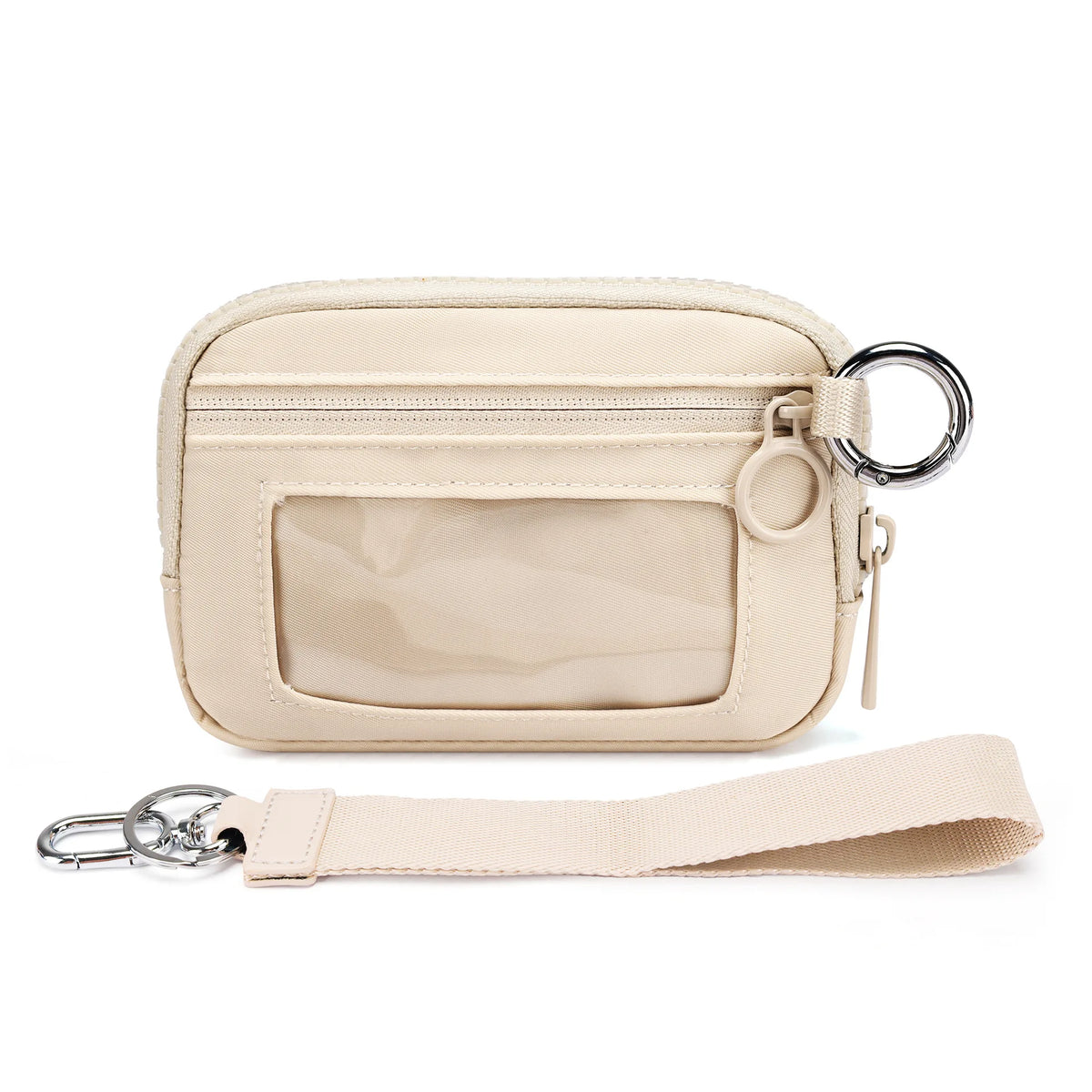 A beige multi-functional zipper wallet with a clear window and a leather keychain strap.