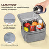 A hand pours liquid from a leakproof insulated lunch bag containing food items.