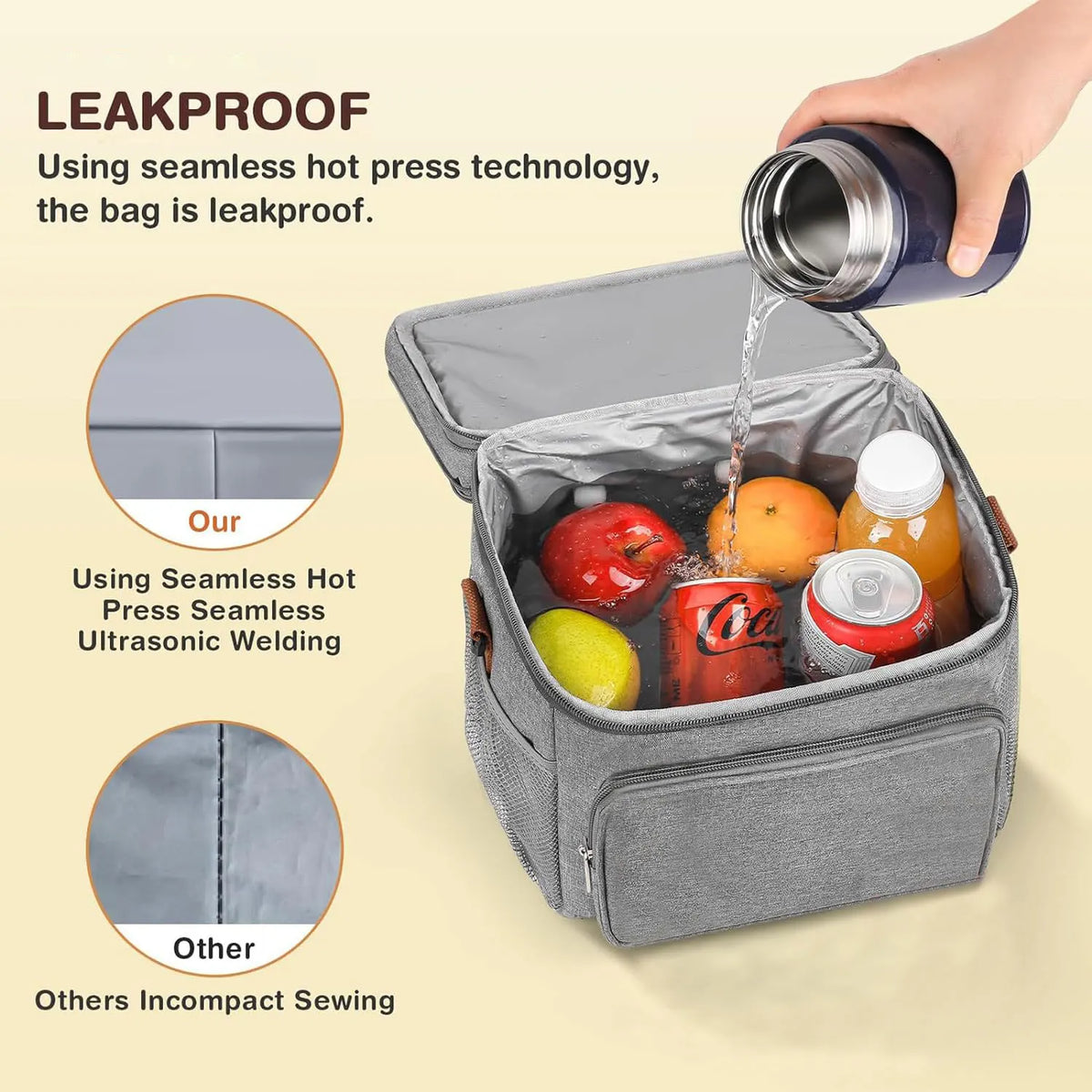 A hand pours liquid from a leakproof insulated lunch bag containing food items.