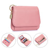 A pink genuine leather RFID blocking women's wallet shown in various angles.