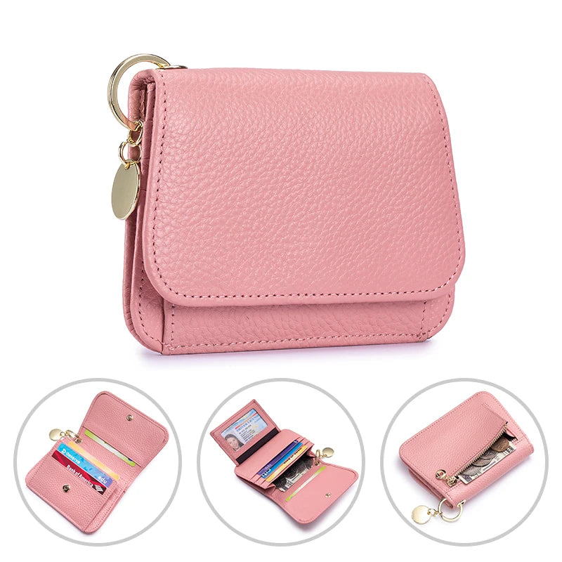 A pink genuine leather RFID blocking women's wallet shown in various angles.