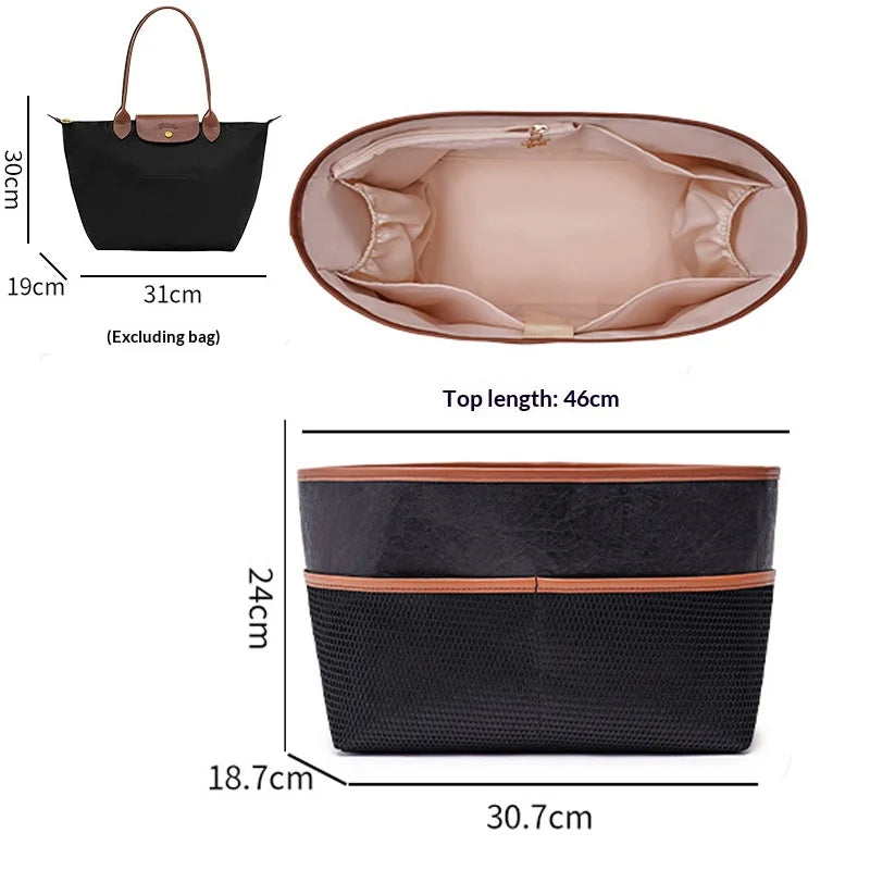 A black tote bag organizer insert with a laptop sleeve shown in various dimensions and an open view of the interior.