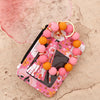 Cartera llavero de cuero PU de silicona floral rosa con cadena dorada para guardar identificación y tarjeta de crédito.