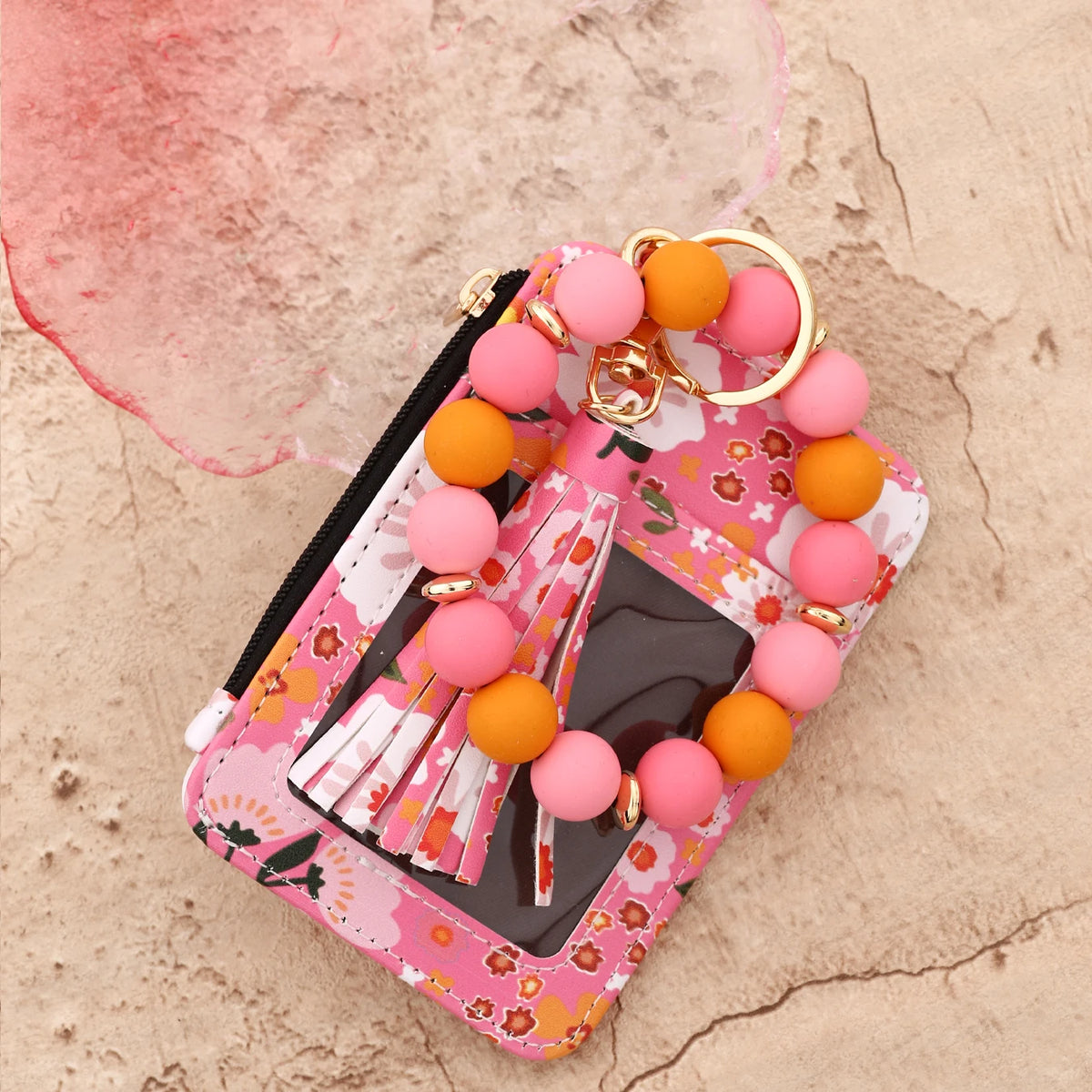 Cartera llavero de cuero PU de silicona floral rosa con cadena dorada para guardar identificación y tarjeta de crédito.