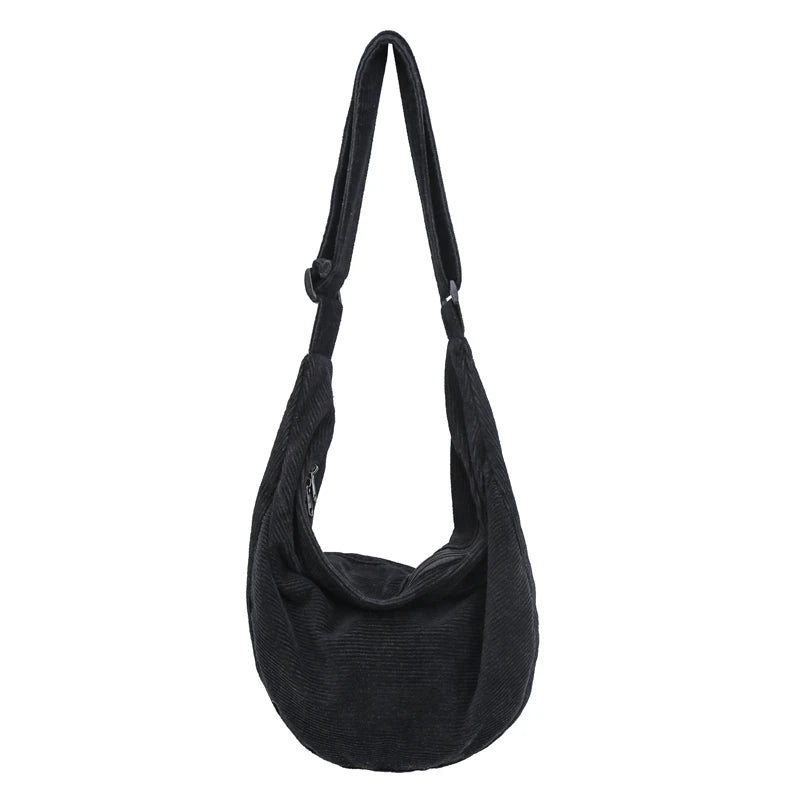 Black corduroy casual crossbody shoulder bag hanging vertically