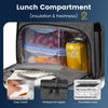 A gray insulated lunch compartment in a backpack showing food items and accessories.