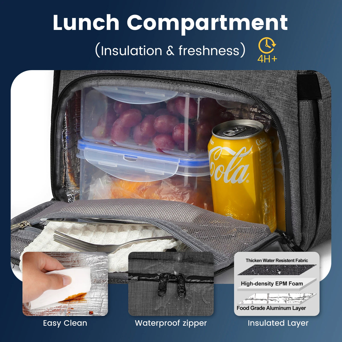 A gray insulated lunch compartment in a backpack showing food items and accessories.