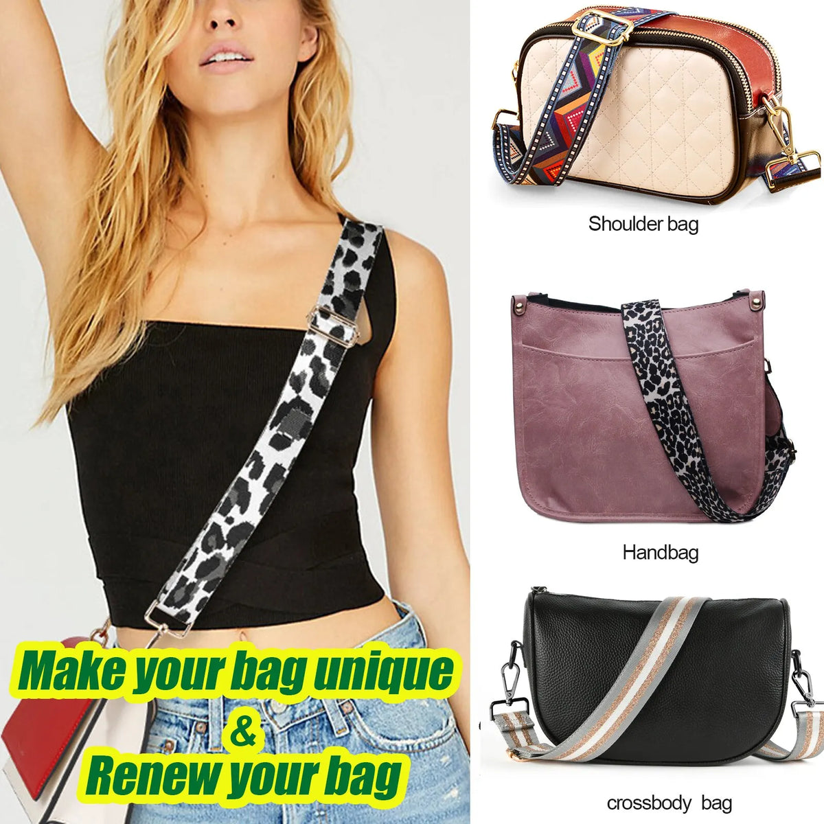 A woman models a black crop top and a beige shoulder bag with a patterned strap.