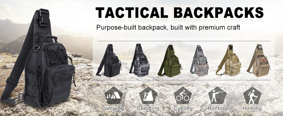 Sammlung taktischer Rucksäcke vor bergiger Outdoor-Hintergrund für Camping und Klettern