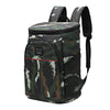 A dark green and black camouflage insulated thermal cooler backpack with a black strap.