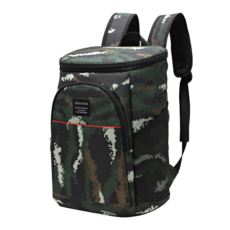 A dark green and black camouflage insulated thermal cooler backpack with a black strap.