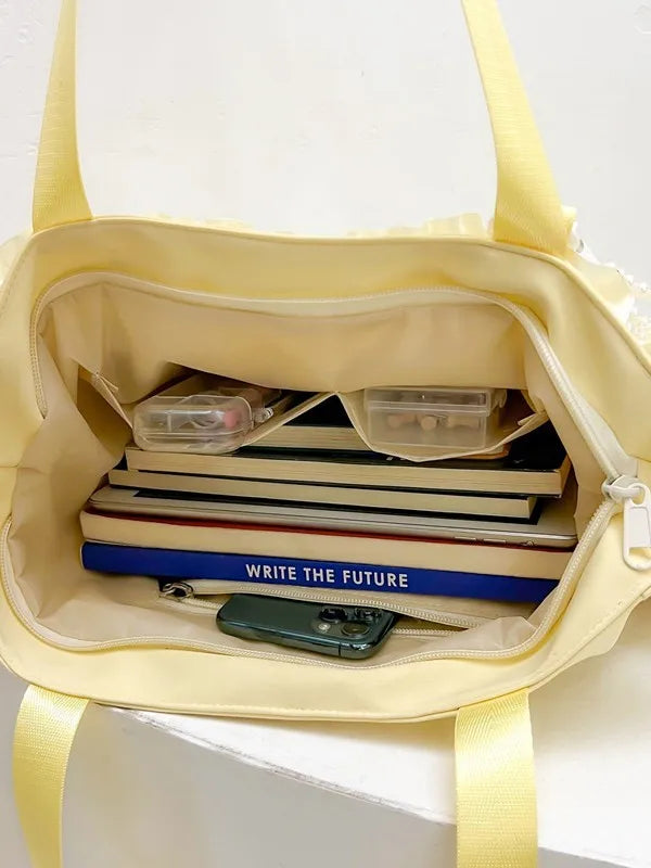 Bolso cruz de encaje amarillo pálido Y2K con bolsillo transparente para libros y smartphone.