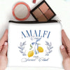 Bolsa de almacenamiento cosmético blanca con diseño de la Costa Amalfitana, ilustraciones de limón y rama de olivo.