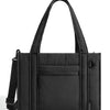 Black quilted tote bag with a detachable strap shown from the front.