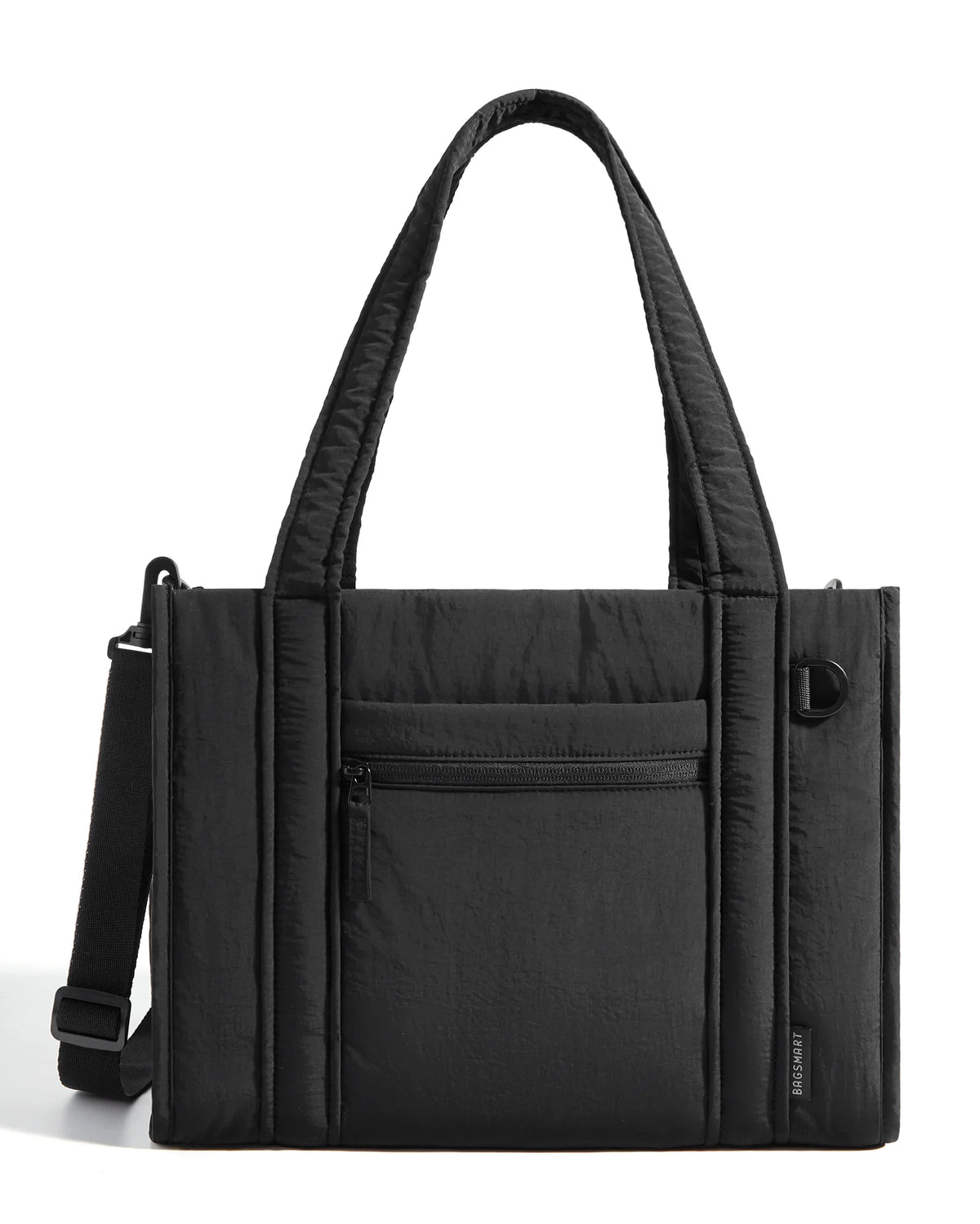 Black quilted tote bag with a detachable strap shown from the front.