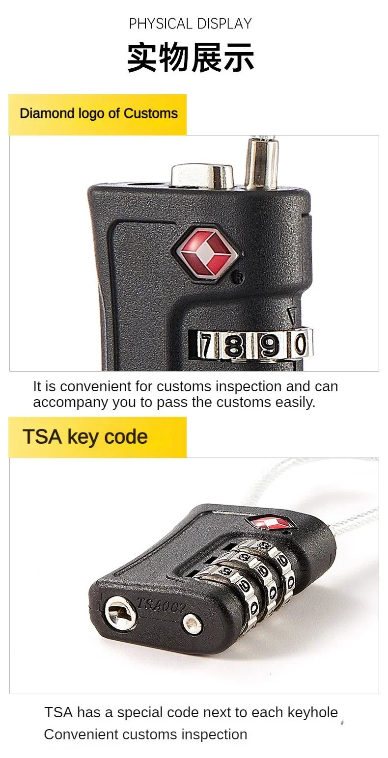 A black TSA key code lock is shown, featuring a diamond logo and designed for convenient customs inspection.