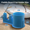 Blue paddle board cup holder with various sized openings shown on a surfboard.