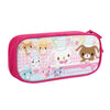 Pink zippered pencil case featuring cute animal characters and pastel patterns.