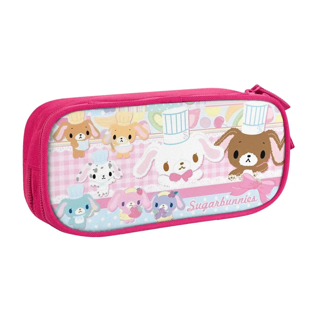 Pink zippered pencil case featuring cute animal characters and pastel patterns.