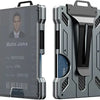 A gray aluminum metal ID card wallet with a clear plastic sleeve and a black protective cover.