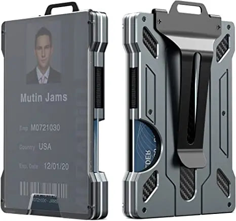 A gray aluminum metal ID card wallet with a clear plastic sleeve and a black protective cover.