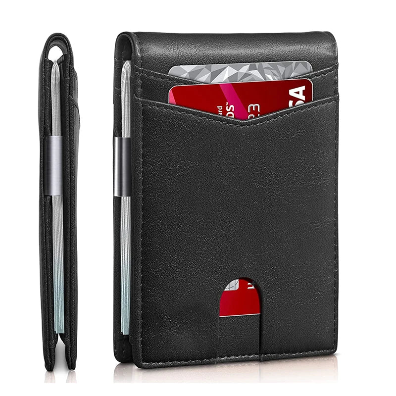 A black slim leather wallet with a carbon fiber finish showing a credit card and a pen.