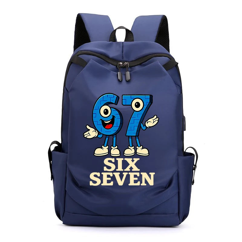 Dunkelblaue Anime-Stil multifunktionale Rucksack mit der Nummer 67 vorne.