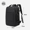 Black men's business travel backpack with a 45L capacity and dimensions of 52cm high and 34cm wide.