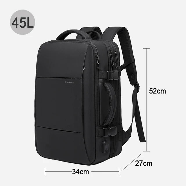 Black men's business travel backpack with a 45L capacity and dimensions of 52cm high and 34cm wide.