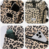 A leopard print travel duffel bag featuring a shoe compartment, shown in various angles.