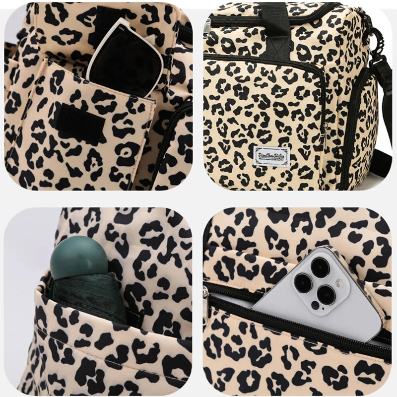 A leopard print travel duffel bag featuring a shoe compartment, shown in various angles.