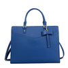 A navy blue premium PU leather laptop tote bag with a handle and bow detail.