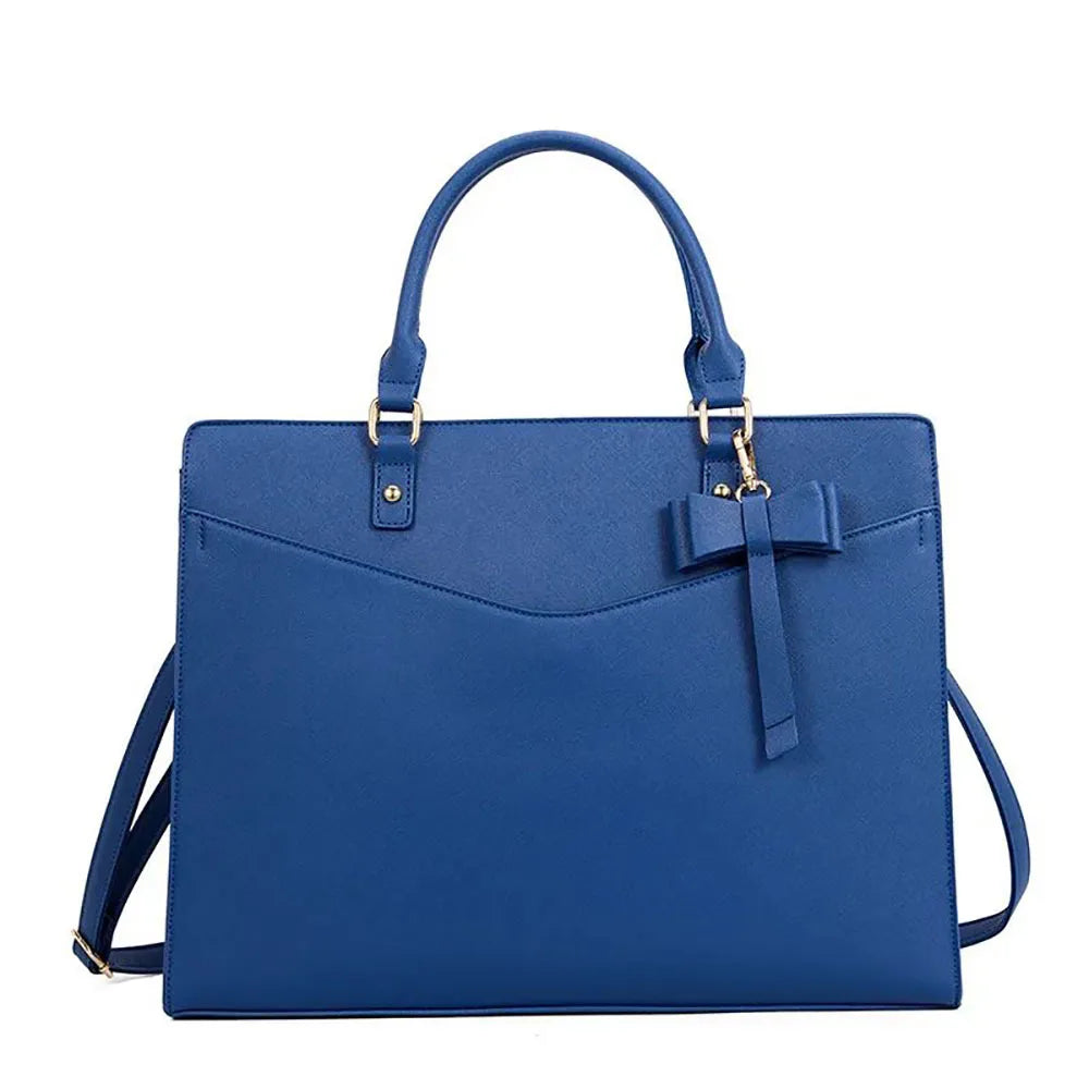 A navy blue premium PU leather laptop tote bag with a handle and bow detail.