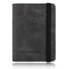 A black leather passport travel wallet with a black strap, shown against a white background.