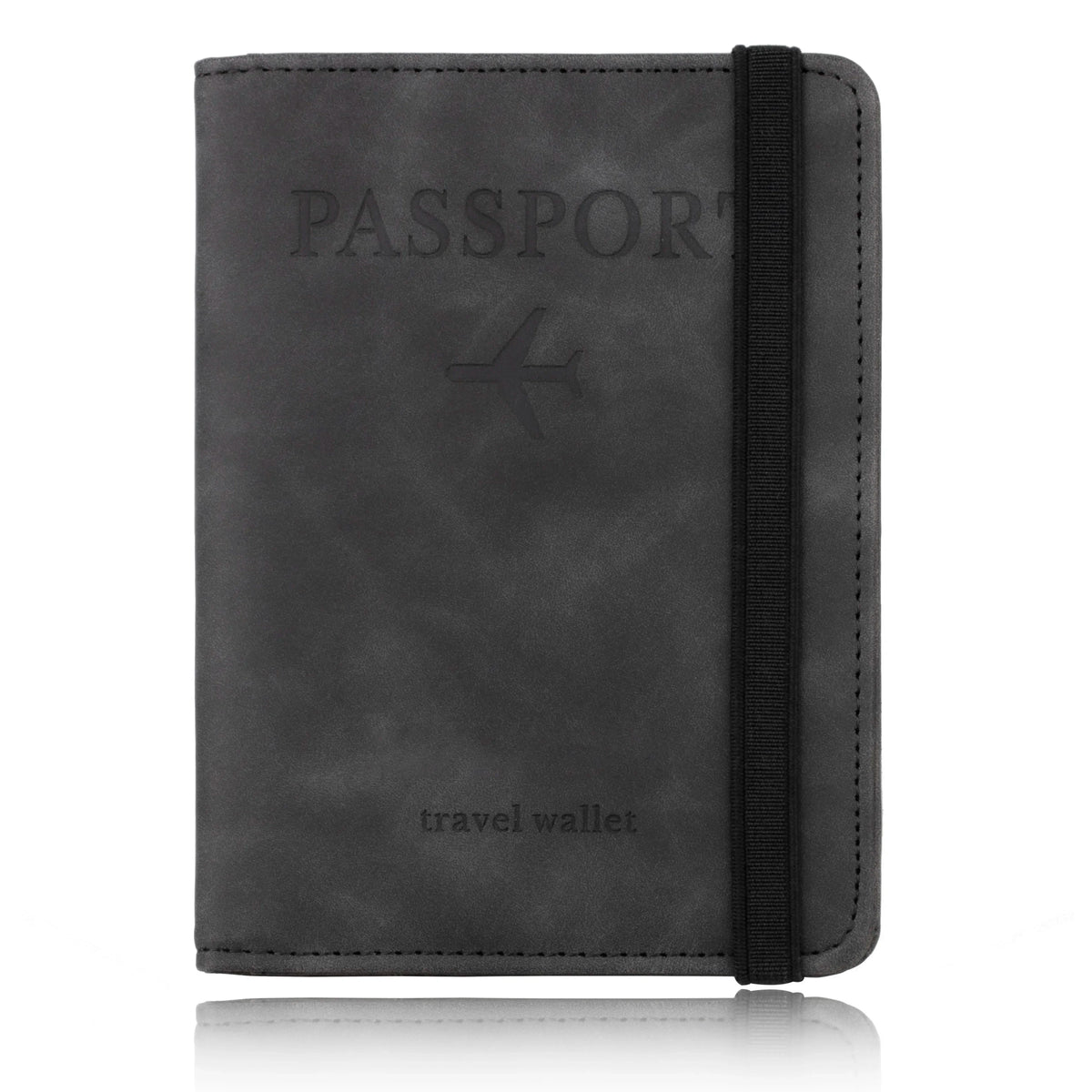 A black leather passport travel wallet with a black strap, shown against a white background.